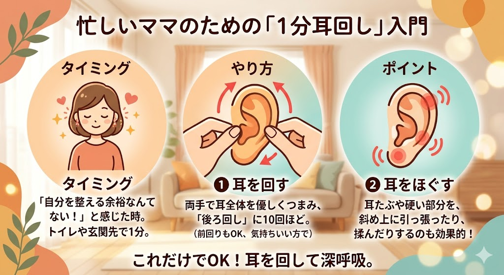 耳回しをするママのイラスト